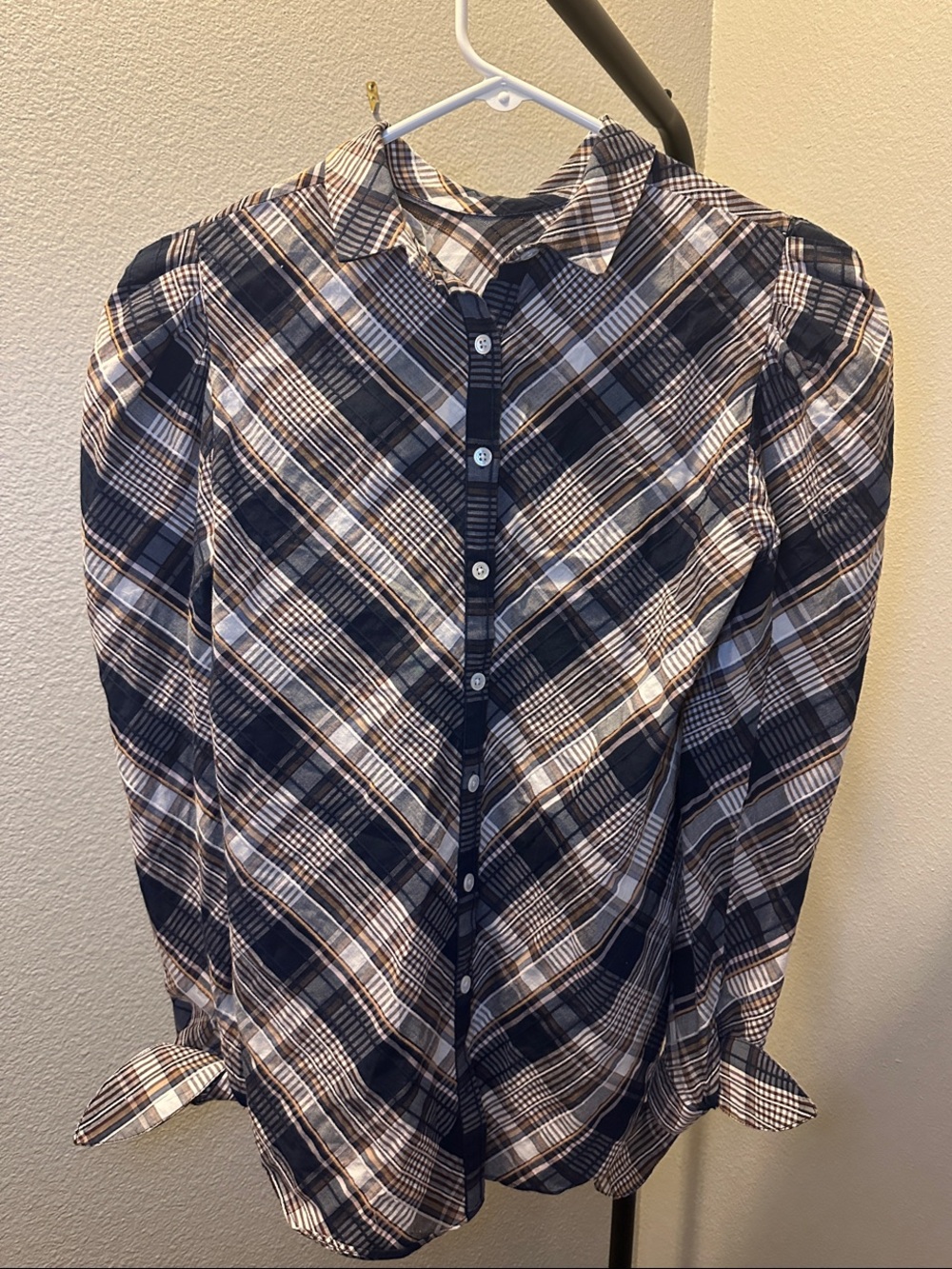 Veronica Beard Plaid Button Front Blouse Navy Brown Blue